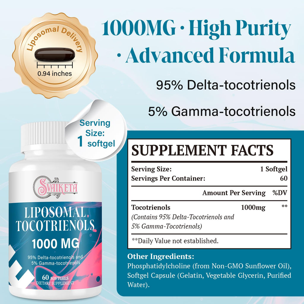 Svaiketa Liposomal Tocotrienols Supplement 1000mg, Vitamin E, Advanced Formula with 95% Delta-Tocotrienols & 5% Gamma-Tocotrienols - 60 Softgels (2 Bottles)