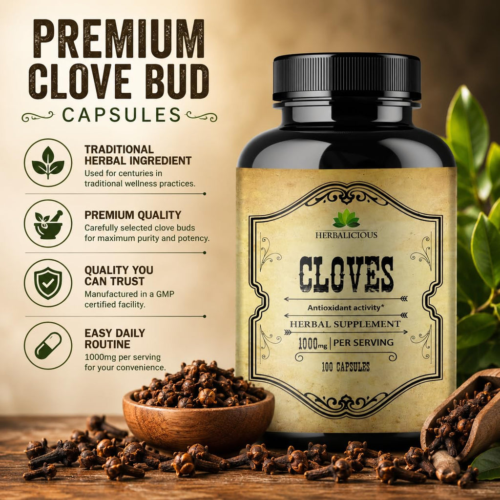 Cloves Capsules - Natural Dietary Supplement - Rich in Vitamins, Minerals, Manganese, Fiber - May Help Strengthen Bones, Promote Digestive Function, Antioxidant Support - 100 Caps