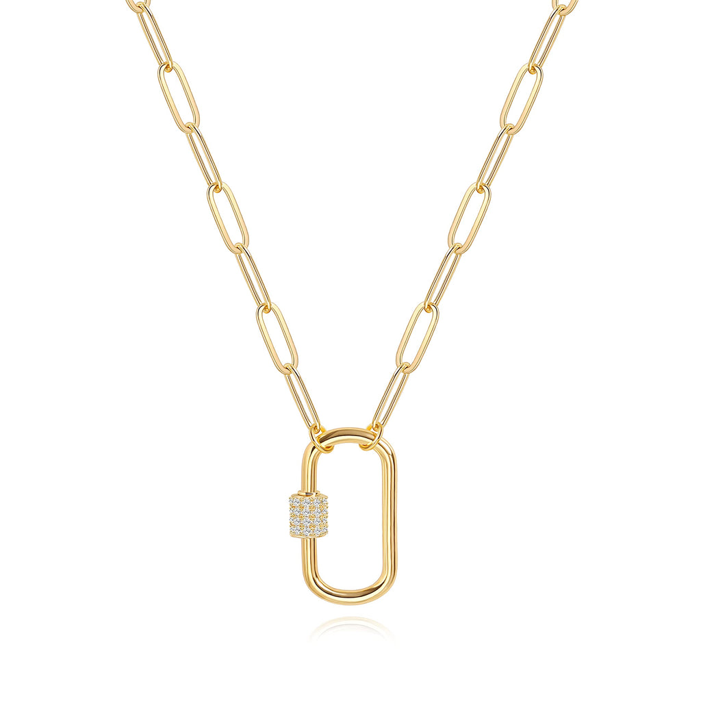 Aobei Pearl 18K Gold Paperclip Chain Necklace Fashion CZ Pave Oval Screw Lock Carabiner Clasp Pendant Necklace Geometric Link Chain Layering Jewelry for Women