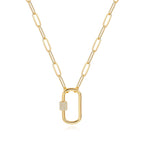 Aobei Pearl 18K Gold Paperclip Chain Necklace Fashion CZ Pave Oval Screw Lock Carabiner Clasp Pendant Necklace Geometric Link Chain Layering Jewelry for Women