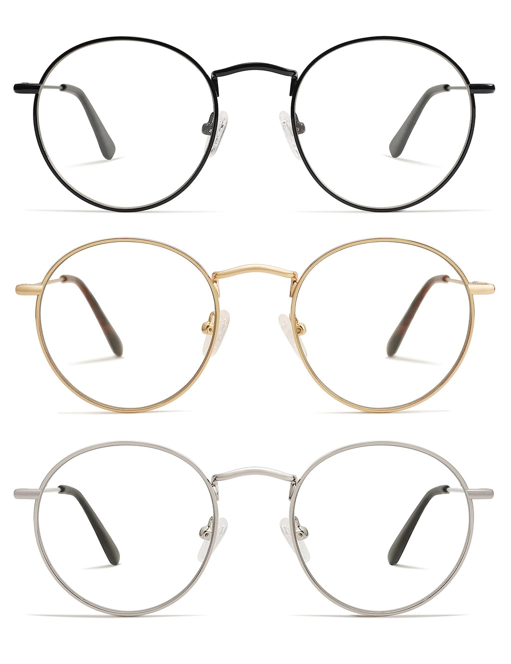 AMOMOMA 3-Pack Retro Round Reading Glasses for Men Women Trendy Blue Light Blocking Computer Readers Metal Frame AM6101 Mix (+1.50 Magnification Strength)