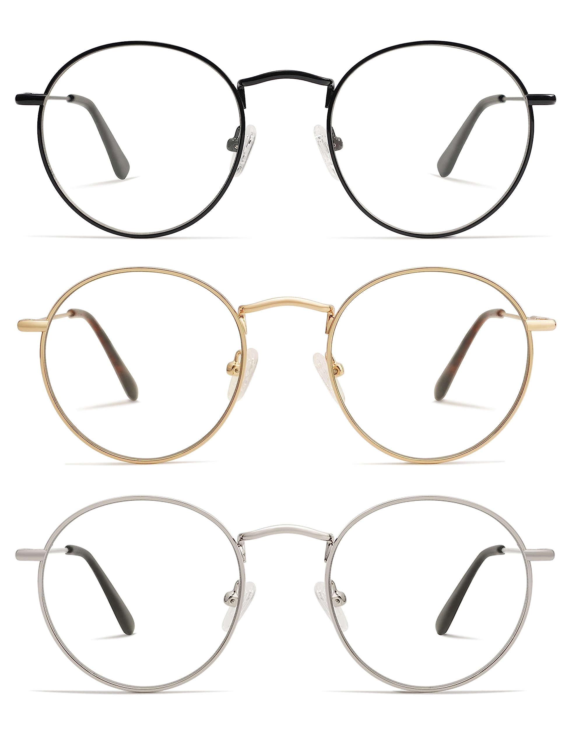 AMOMOMA 3-Pack Retro Round Reading Glasses for Men Women Trendy Blue Light Blocking Computer Readers Metal Frame AM6101 Mix (+1.50 Magnification Strength)