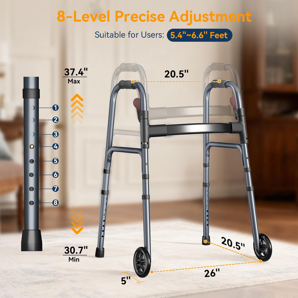 Folding Walker for Seniors, Rolling Walker with 8 Height Adjustments, One-Hand Folding, 300lbs Capacity, Lightweight Aluminum Front Wheel Walker for Elderly Adults and Handicap