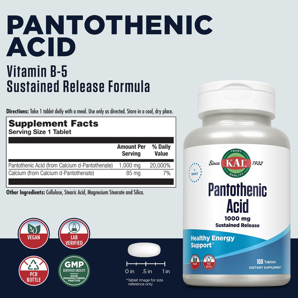 KAL Pantothenic Acid 1000mg Supplement for Men & Women - Vitamin B5 1000 mg, Supports Cellular Energy Metabolism, Nerve Function, Sustained Release, Vegan - 100 Tablets