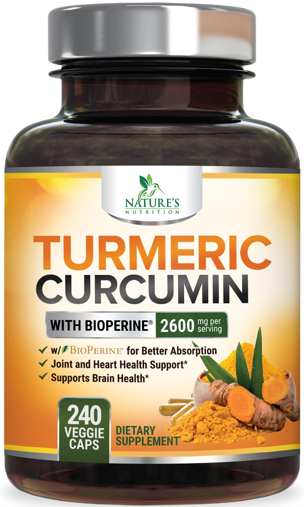 Turmeric Curcumin Supplement 2600mg - 95% Curcuminoids with Organic Turmeric & BioPerine Black Pepper Extract for Best Absorption, Natural Vegan Joint Support, Non-GMO, Bottled in USA - 240 Capsules