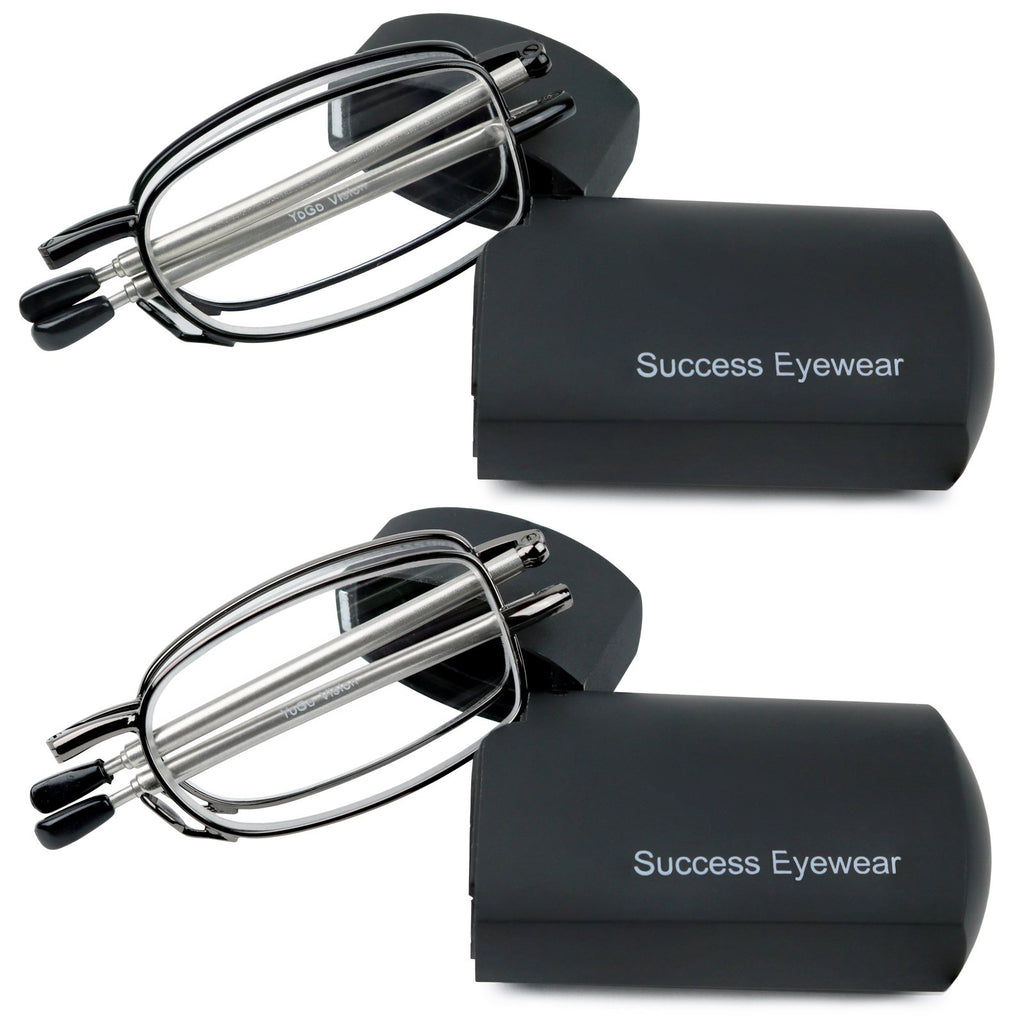 Success Eyewear Reading Glasses 2 Pair Black and Gunmetal Readers Compact Folding Glasses for Reading for Men and Women Case Included Bundle: Set of Black and Gunmetal With 2 Cases 1.5