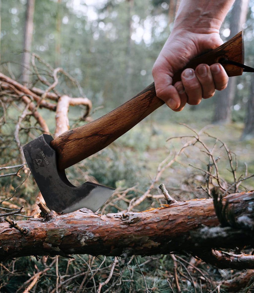 WICING 13.5 Inch Hatchet, Camping Axes and Hatchets 1065 Carbon Steel and Beech Handle, with Leather Sheath