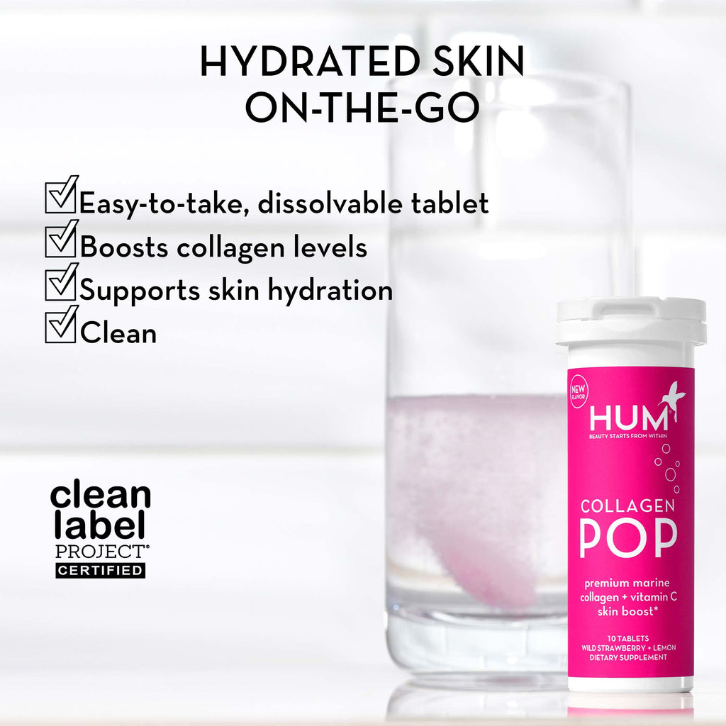 HUM Collagen Pop Marine Collagen Peptides Tablet, Clean Skin Supplement for Women & Men to Support Skin Hydration Levels On The Go, Dissolvable Tablets Strawberry Lemon, 3 Pack, 10 Tablets Each