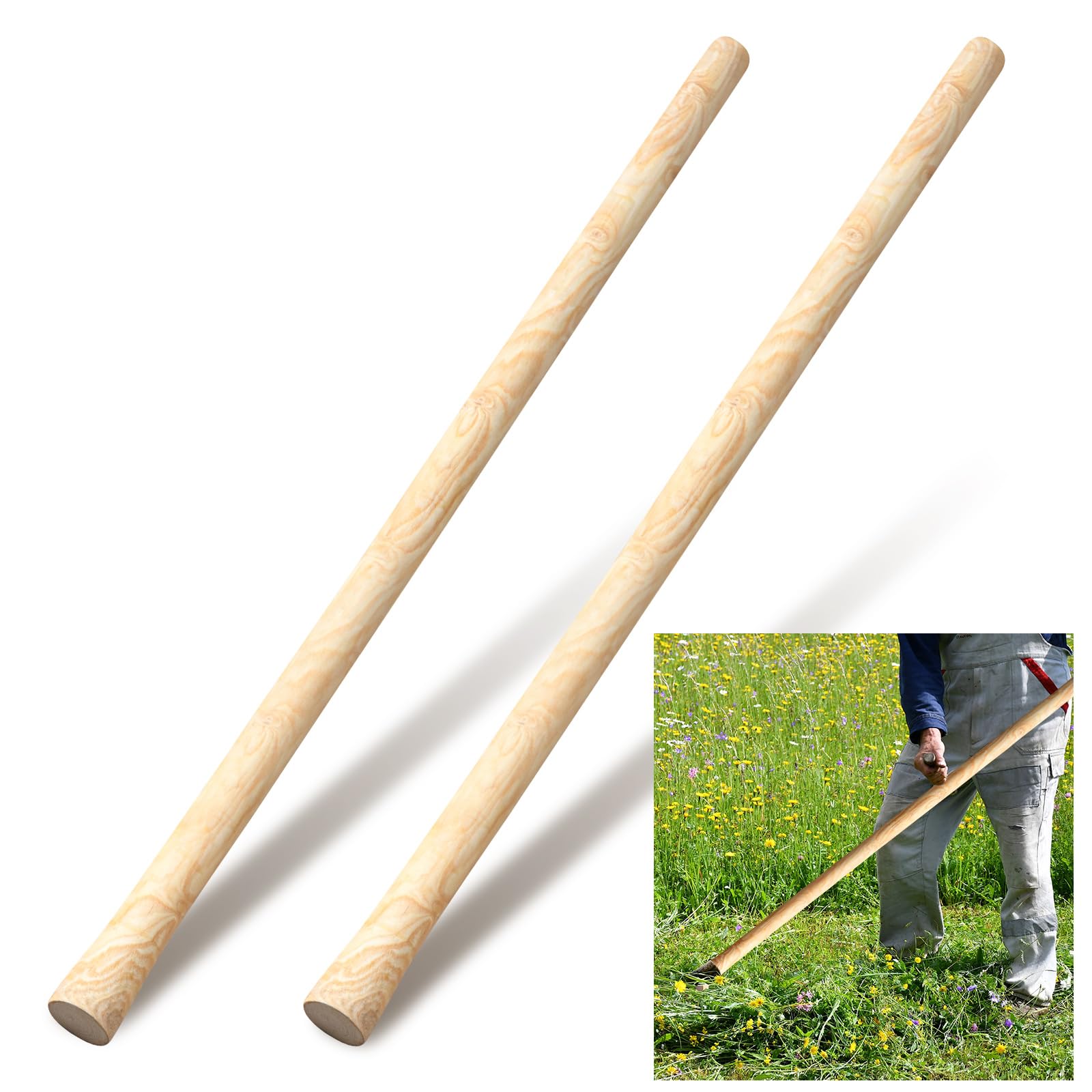Lasnten 2 Pcs 55 Inch Pure Solid Wood Replacement Hoe Handle for Garden Digging Spading Fork, Shovel Handle Replacement, 1.38-1.77 Inch Diameter
