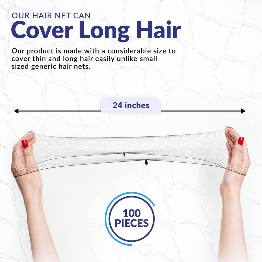 ZefeqCo 100Pcs Black Hair Net 24" Invisible Hair Nets for Women and Men - Perfect for Hair Bun, Sleeping, & Kitchen Food Service