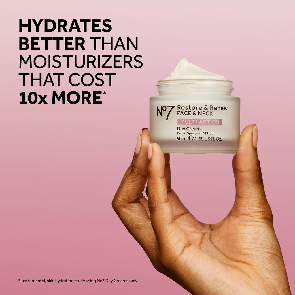 No7 Restore & Renew Multi Action Face & Neck Cream - Anti Aging Face Moisturizer with SPF 30 - Helps to Firm & Hydrate Crepey Skin - Formulated with Hyaluronic Acid, Peptides & Ceramides (1.69 Oz)