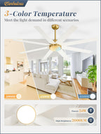 Fanbulous 65 Inch Ceiling Fans with Lights and Remote, Gold Indoor/Outdoor Ceiling Fan with Quiet Reversible DC Motor, 6 Speeds, 3CCT, 8 Blades Large Ceiling Fan for Living Room Bedroom Patio