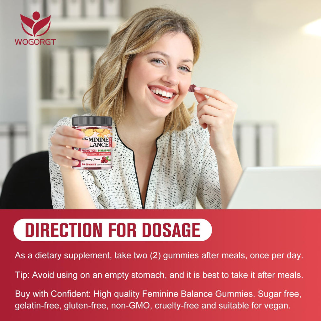 Feminine Balance Gummies for Women - Vaginal Health, pH Balance Support, Pineapple Probiotics Gummies for Women with Cranberry Extract and D-Mannose, Sugar Free, Vegan, Cranberry Flavor - 60Ct (2pack)