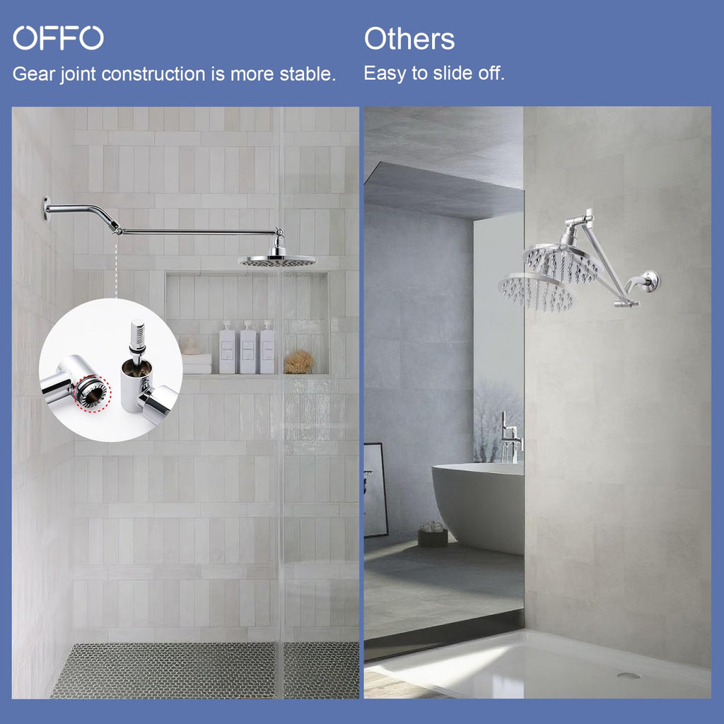 OFFO Shower Head Extension Arm, 16 in Shower Extension Arm with Locking Nut, Adjustable Shower Arm Extender, G1/2 Connector for Fixed Shower Head & Handheld Showerhead, Chrome