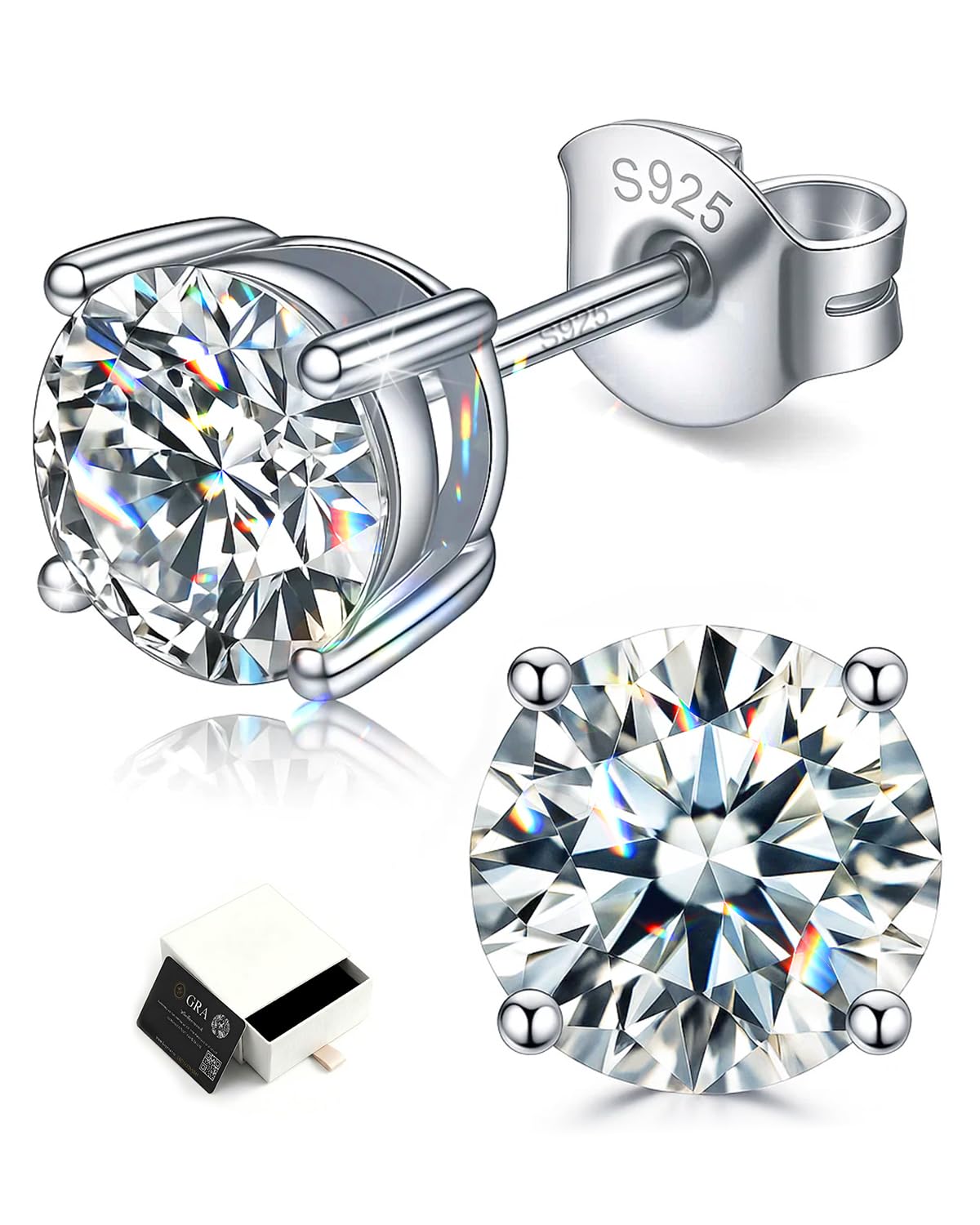 Moissanite Stud Earrings, 925 Sterling Silver Diamond Studs 1 carat 5mm