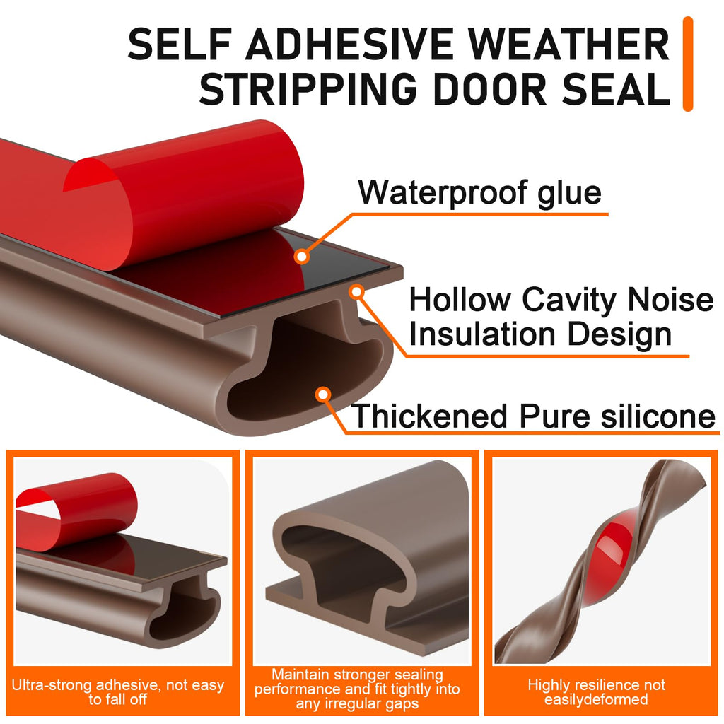 Brown Rubber Weather Stripping Door Seal Strip, D Shape Door Weather Seal Strip, Self-Adhesive Soundproofing Frame Insulation Tape for Doors Frame/Window Seal,Blocks Cold Drafts Noise