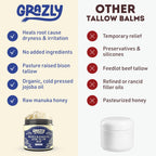 Grazly Whipped Bison Tallow Balm w/Manuka Honey, Jojoba, Organic Vanilla - Grass-Fed & Finished Organic Tallow Face Moisturizer - Face & Body Cream for Acne-Prone Skin - Nourishing Skincare (2.5 oz)