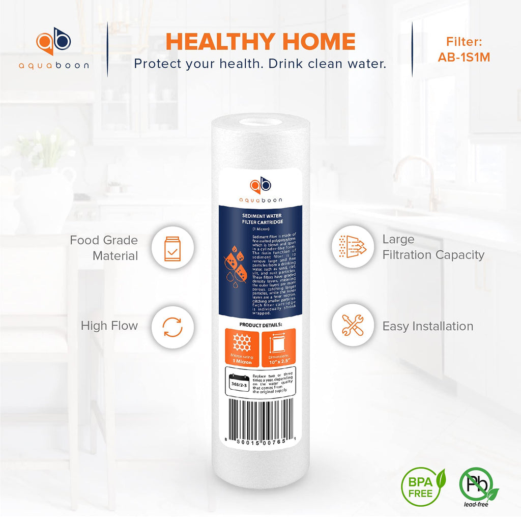 Aquaboon 1 Micron Whole House Sediment Filter 10 x 2.5 for RO & Well Water Filters Replacement Cartridges Compatible with AP110, WHKF-GD05, 25 Pack