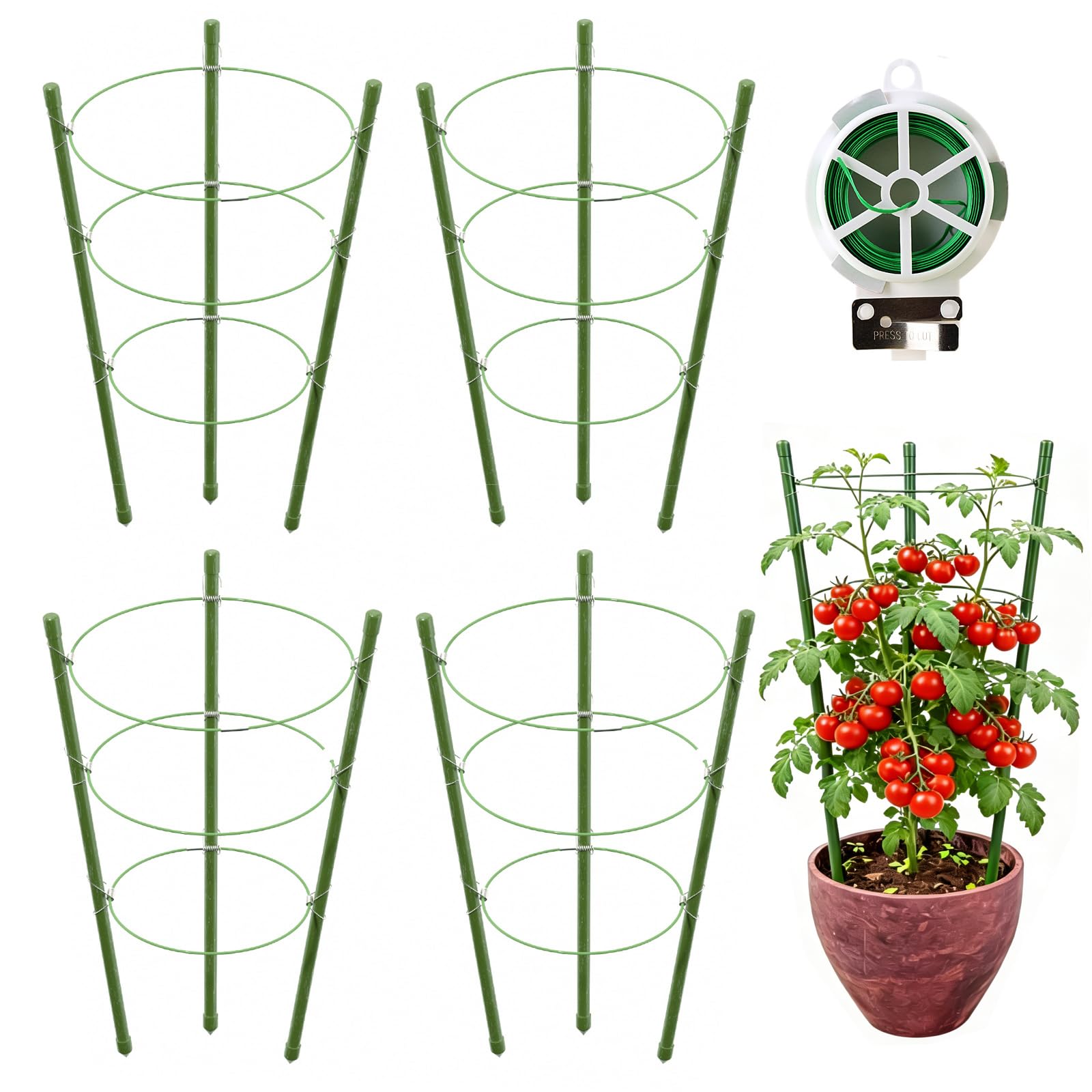 4 Pack Tomato Cage, 24 inches Plant Support Cages for Garden, Upgrade Garden Plant Stakes with Adjustable Rings, Plants Trellis for Tomato, Flower, Climbing Plants, with Twist Tie