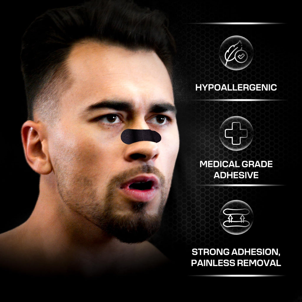 Performance Nose Strips for Breathing (60 Count) - Oil & Sweat Proof Adhesive - Athletic Nasal Strips for Snoring & Sleeping - Black, Wide, Universal Fit, Extra Strength Snoring Solution for Sleep