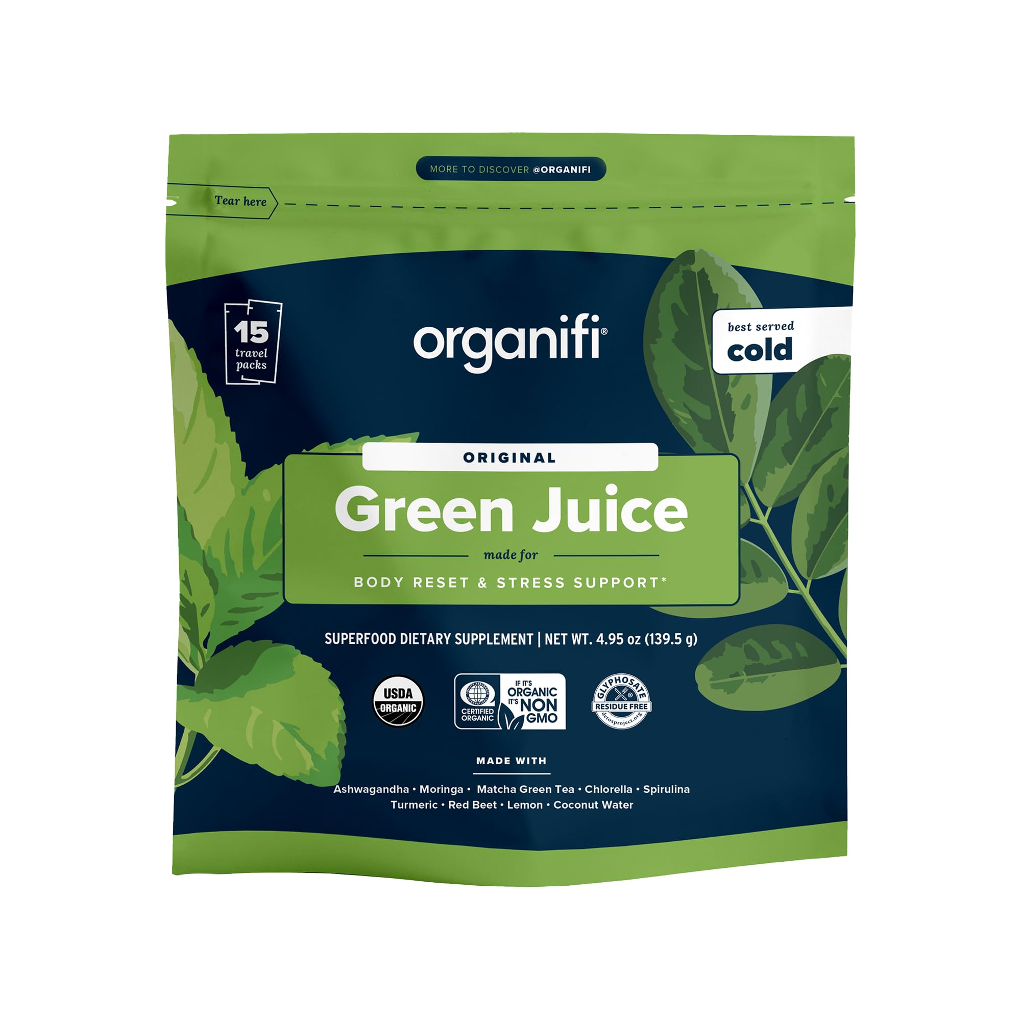 Organifi: GO Packs - Green Juice - Organic Superfood Supplement Powder - 15 Travel Packs - Organic Vegan Greens - Hydrates and Revitalizes