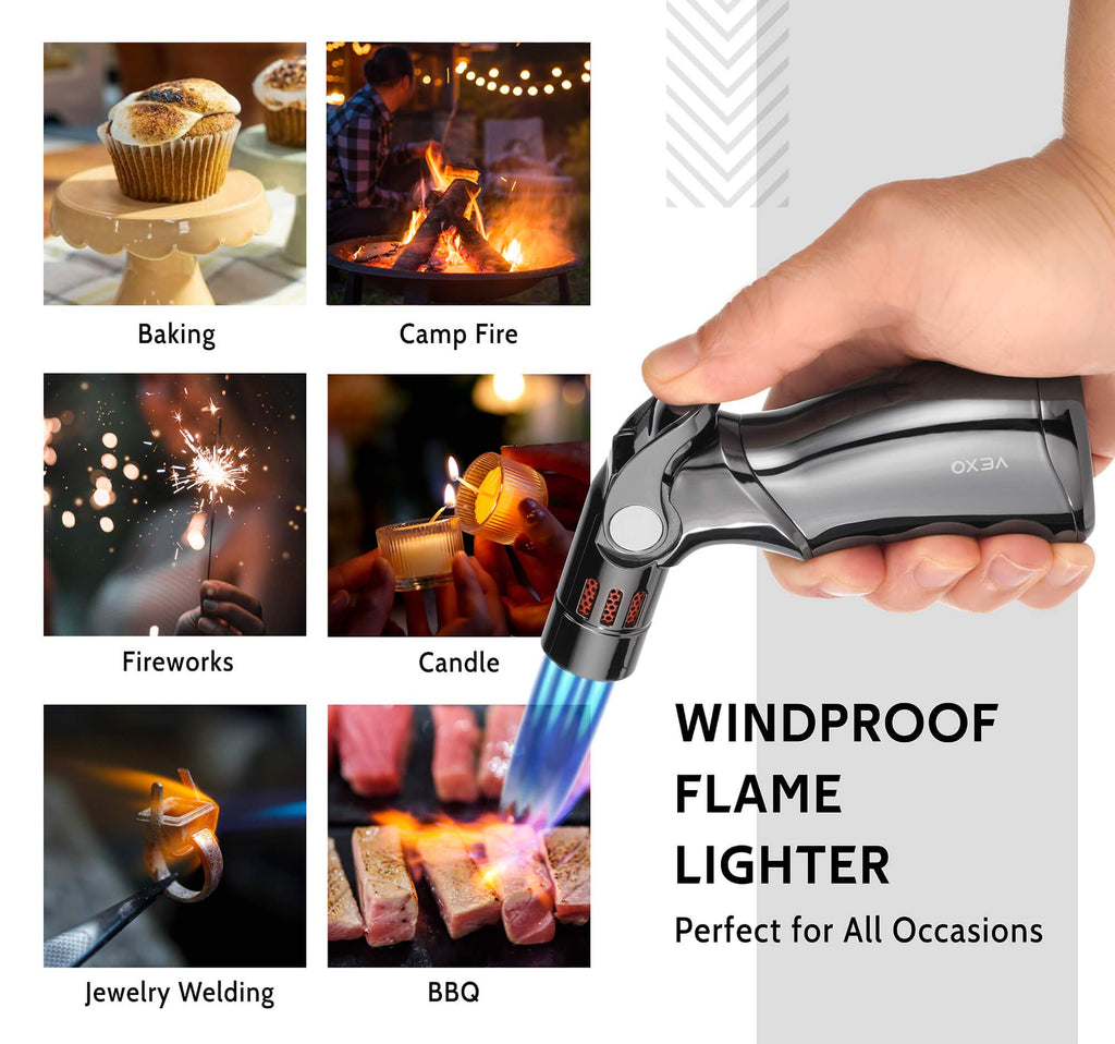 VEXO-Mini4 Torch Lighter Quad 4 Jet Flame Windproof Butane Refill Portable Lighter for Grill BBQ Candle Camping, Gift Idea (Butane NOT Included) (Black)