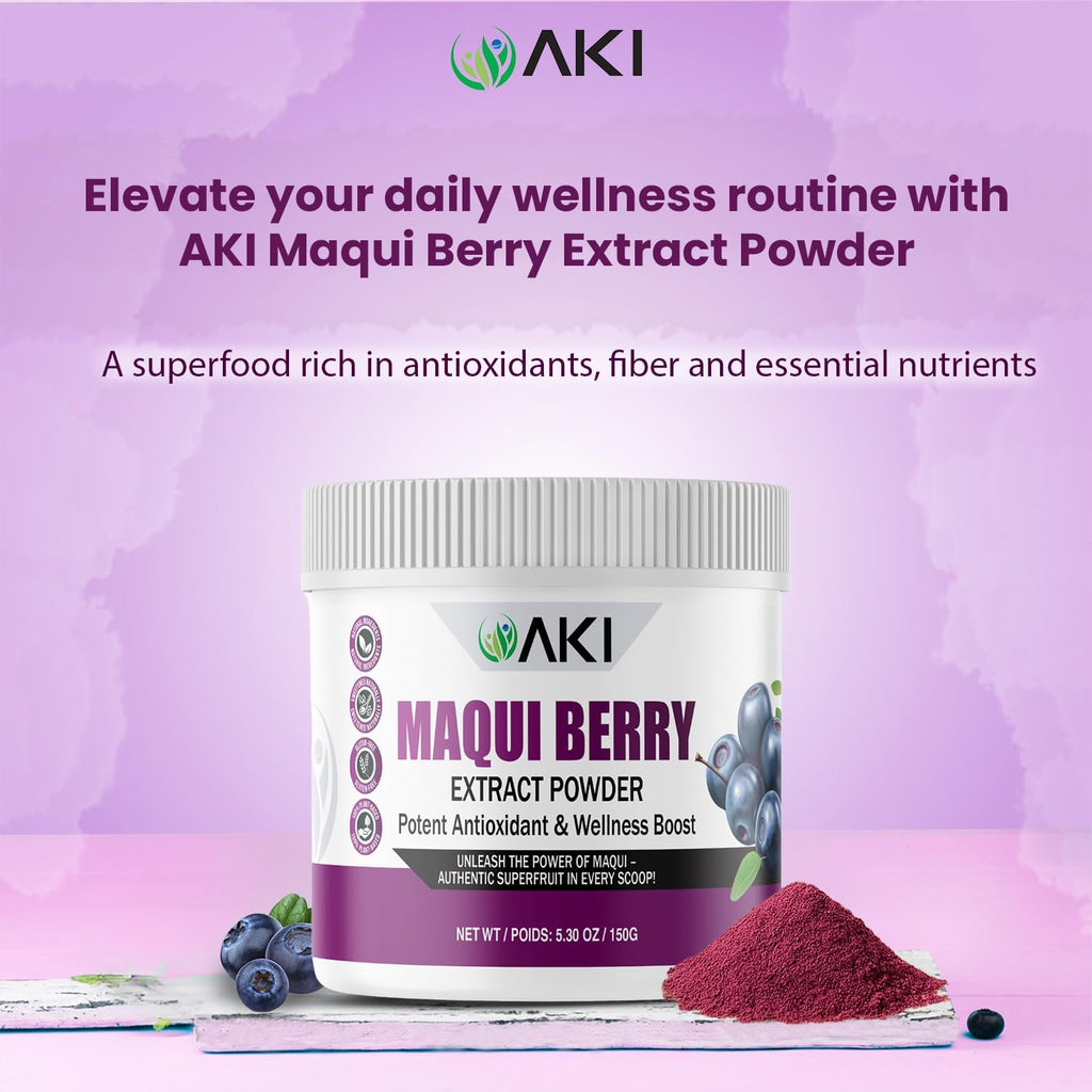 AKI Maqui Berry Extract Powder – Wild Harvested from Patagonia, High in Anthocyanins & Polyphenols, Freeze-Dried Superfruit for Smoothies, Non-GMO, Vegan, 150g/ 5.3 oz