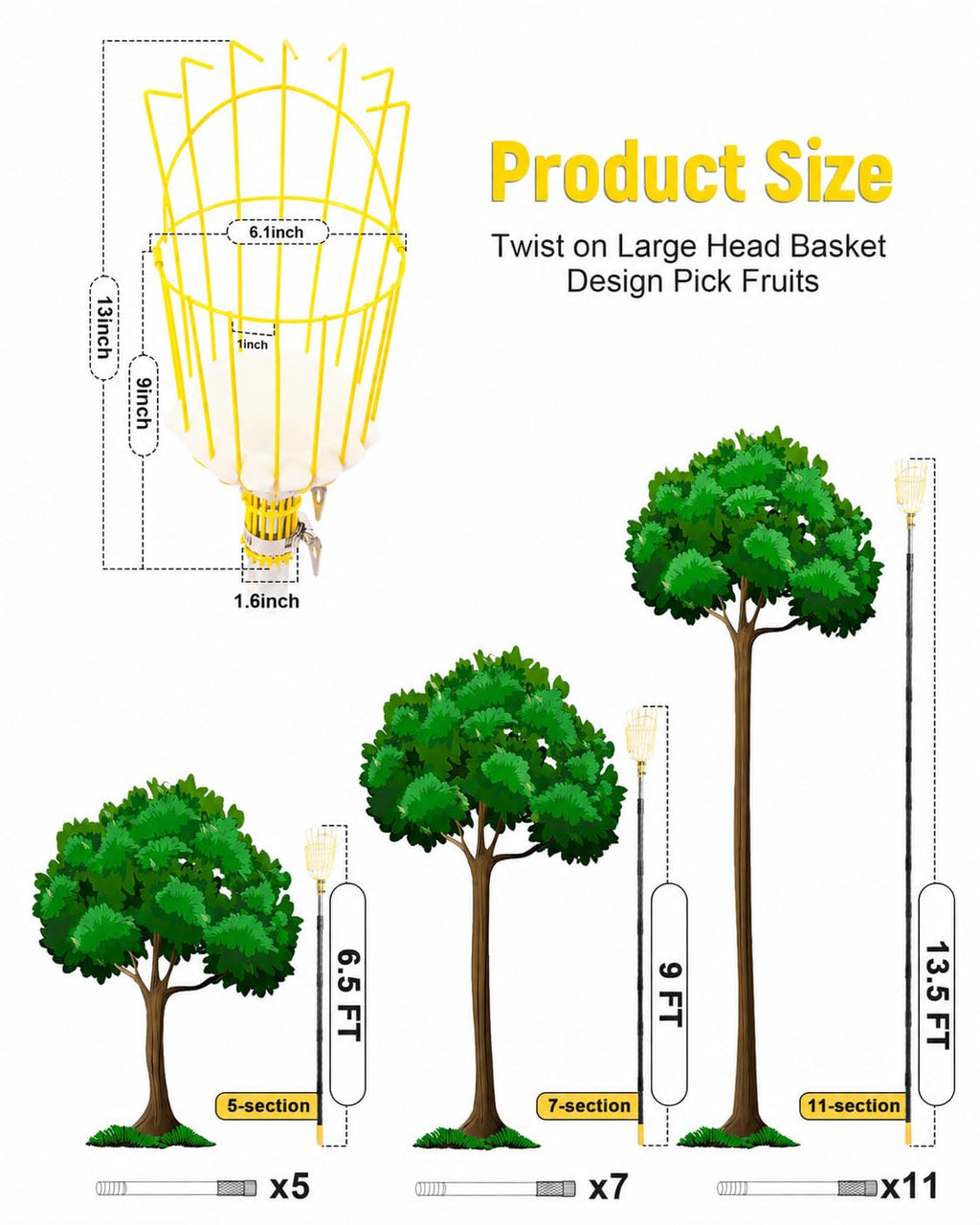 BlumeTrec 6.5FT Fruit Picker with Basket, Apple Picking Tool 35–77 Inch Adjustable Pole, Long-Handle Mango Grabber, Tree Fruit Catcher for Harvesting Lemon Pear Orange Avocado Peach Citrus Grapefruit