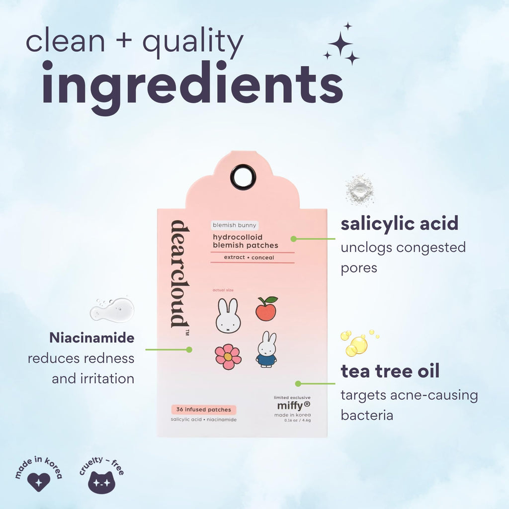 dearcloud Miffy Hydrocolloid Blemish Patches - 36 Count Refill Set- Pimple Patches for Face, Acne Spot Treatment With Niacinamide & Salicylic Acid (Blemish Bunny)