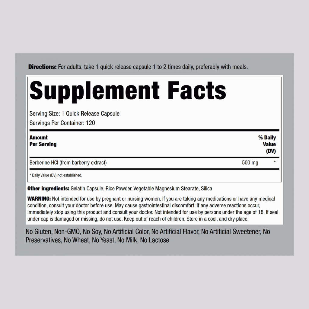 Piping Rock Berberine HCL Capsules 500mg | 120 Pills