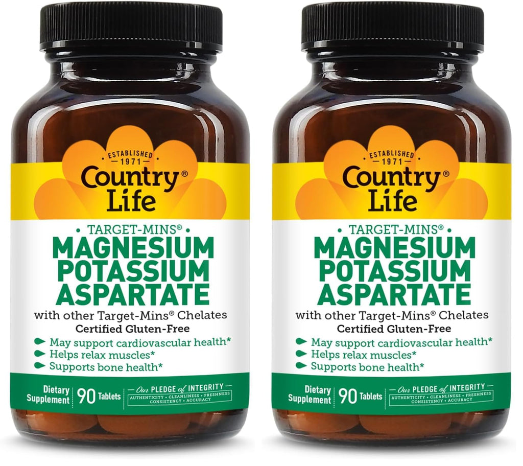 Country Life Target-Mins Magnesium Potassium Aspartate, 600mg/198mg, 90 Tablets, Certified Gluten Free, Certified Vegan (Pack of 2)