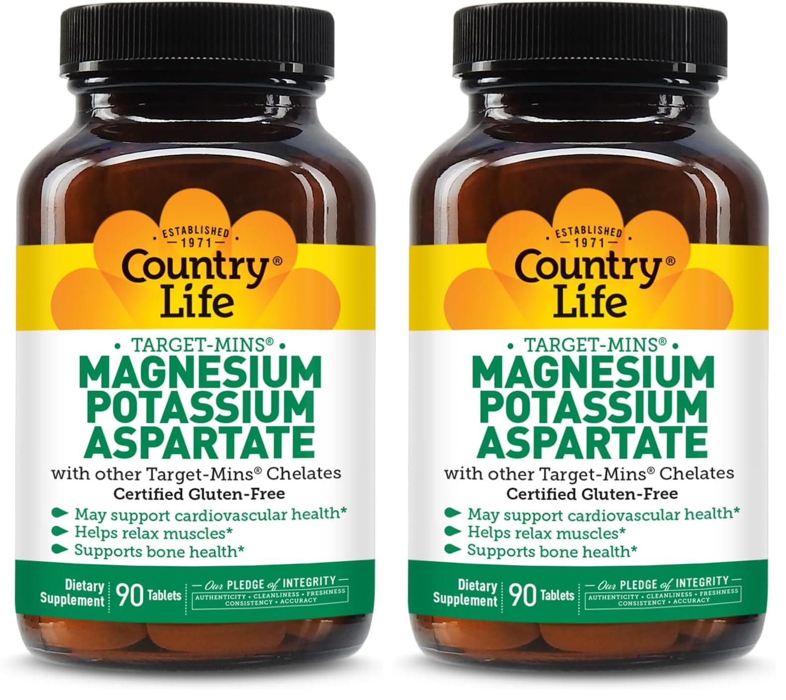 Country Life Target-Mins Magnesium Potassium Aspartate, 600mg/198mg, 90 Tablets, Certified Gluten Free, Certified Vegan (Pack of 2)