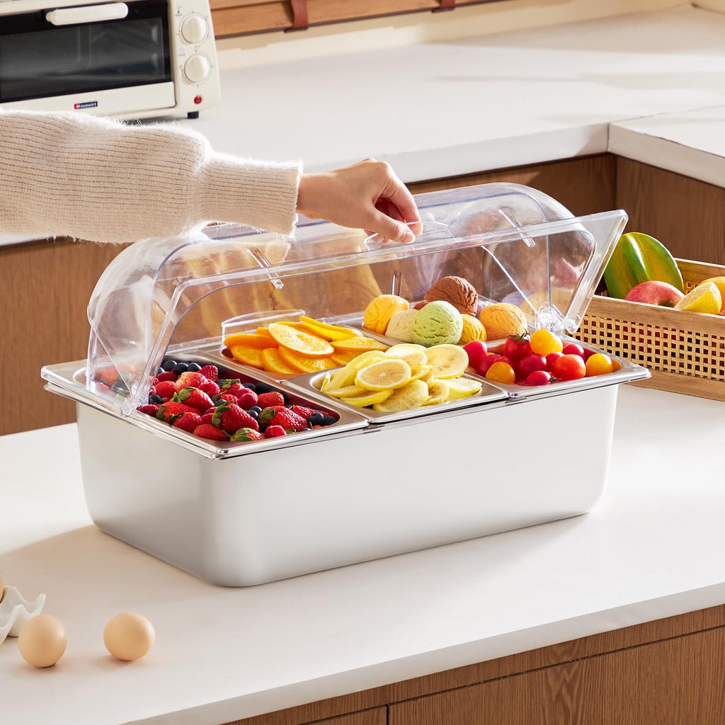 VEVOR Countertop Food Serving Display Container, 5 Pan Stainless Steel Food Serving Tray, Buffet Condiment Dispenser Display Rack with Clear Lid & 3 Freezer Boxes, for Restaurant Hotel Kitchen Party