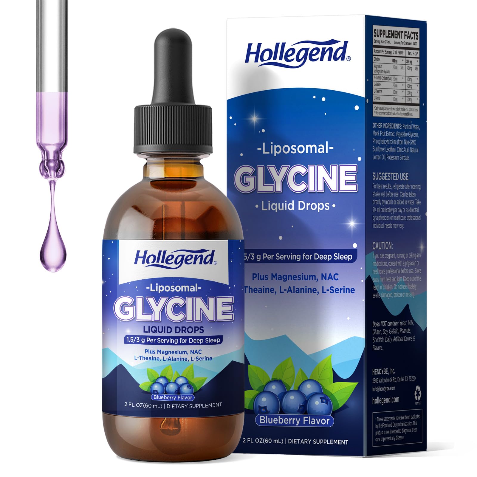 HOLLEGEND Liposomal Glycine Supplements for Sleep, 1.5/3g Glycine Liquid Drops with Magnesium, L-Theanine & L-Serine | Plus NAC & L-Alanine for Liver & Cellular Health, Vegan, Blueberry, 2 Fl Oz