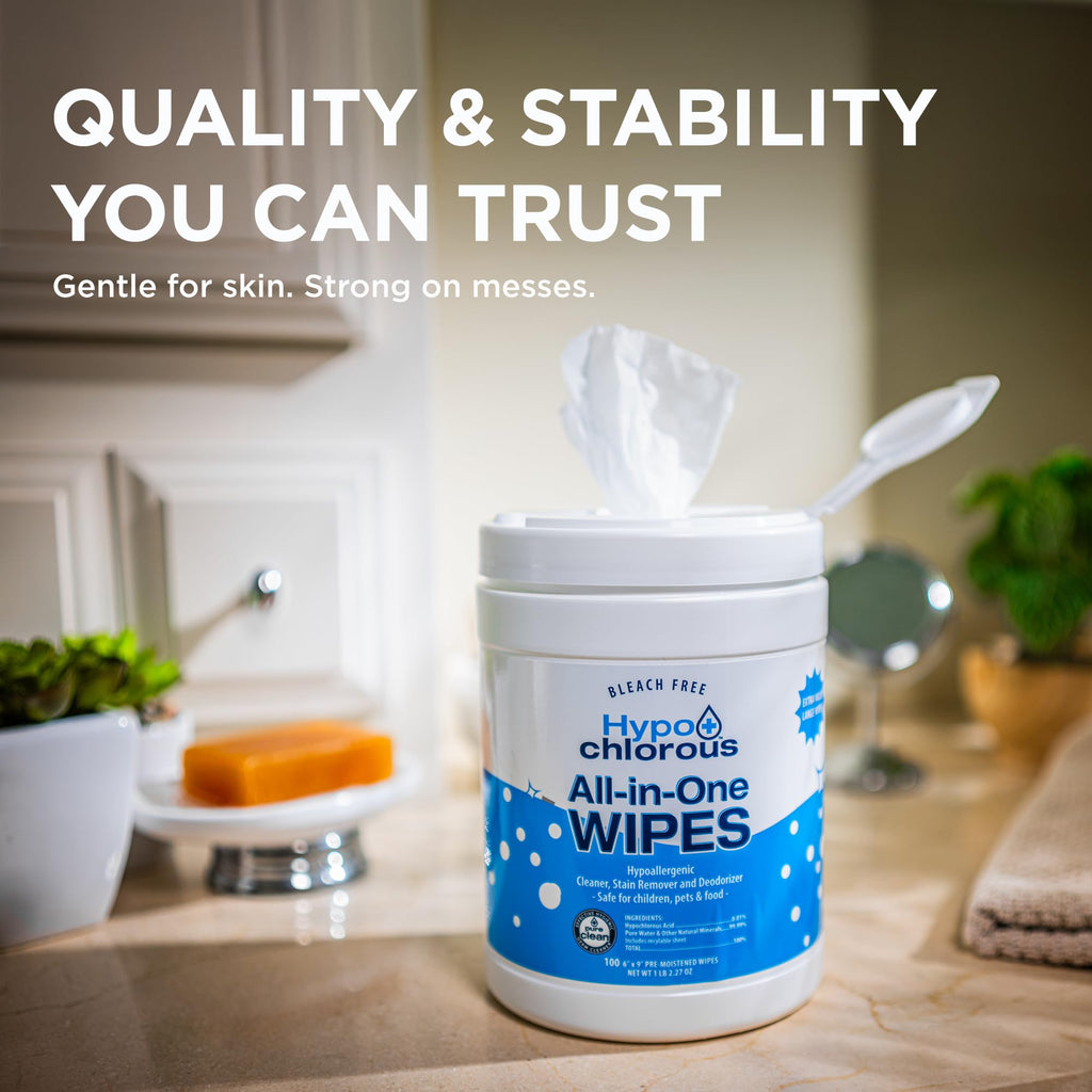 Hypo+Chlorous Hypochlorous Acid Wipes – 100 Count Non-Toxic Cleaner for Skin, Baby, Pet, Home & Gym – Bleach-Free