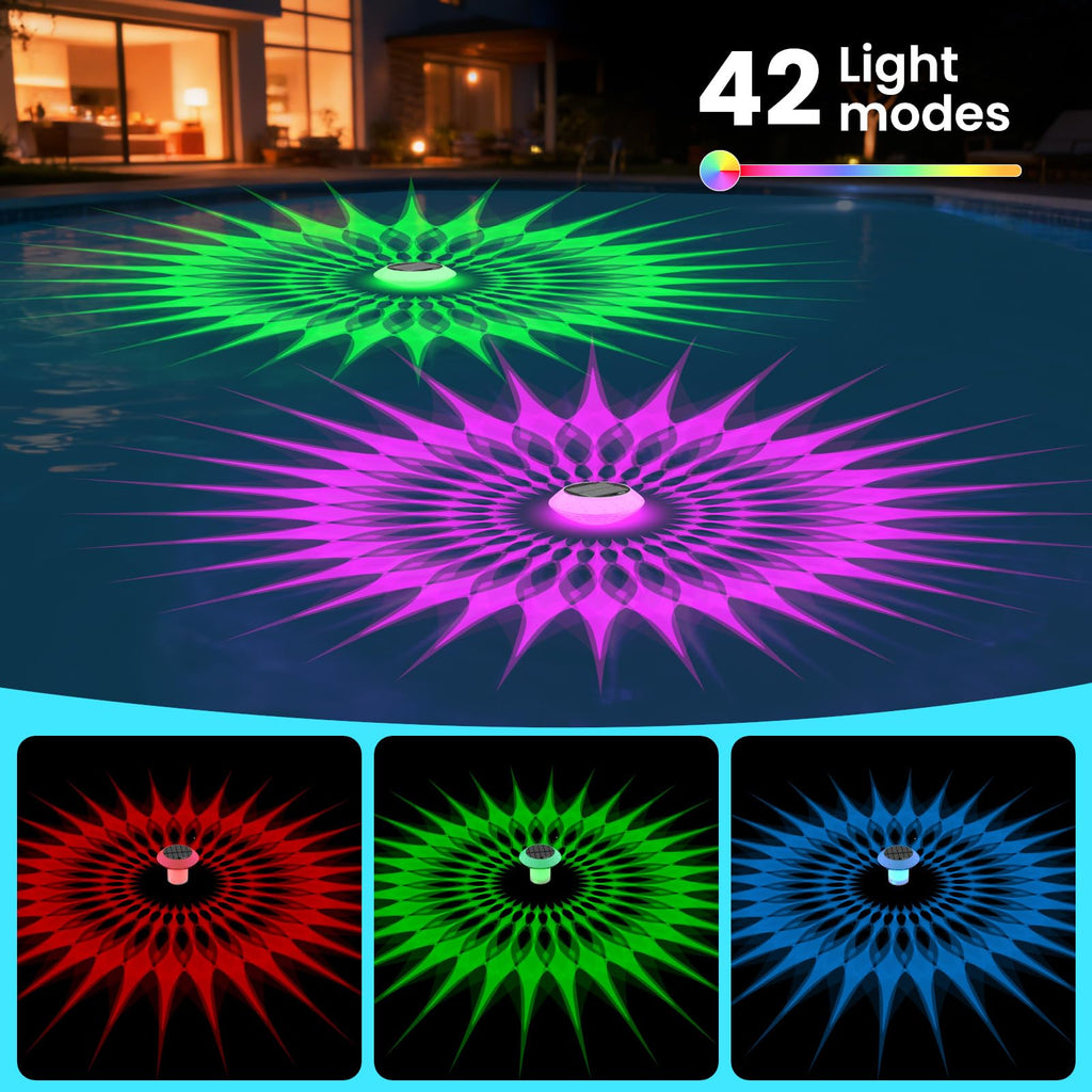 2026 Upgrade Solar Pool Chlorine Floater 3 Inch Tablets(2 Pack), 1800mAh Floating Pool Lights with Remote, 42 Lighting, Timer Function, IP68 Waterproof for Inground/Above Ground Pool, Pool Party, SPA