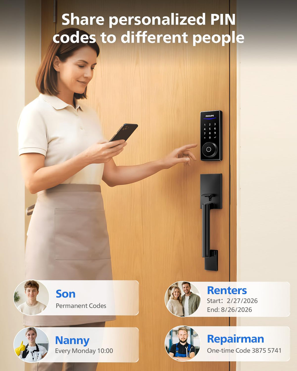 Philips Wi-Fi Smart Lock with Handle, WiFi Keyless Entry Keypad Door Lock with Handle, Front Door Deadbolt Set, Fingerprint Unlock, PIN Code Unlock, Auto Locking, App Remote Control, Bulit in WiFi