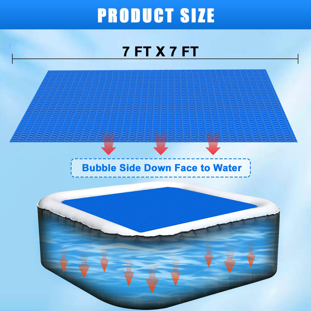 Kakolvan Solar Bubble Hot Tub Spa Cover for 7 x 7 FT Square Inflatable Swimming Pool Blanket Thermal Floating Insulation 16 Mil Bubble Solar Covers for Indoor Outdoor Spa Hot Tub Wrap Covers