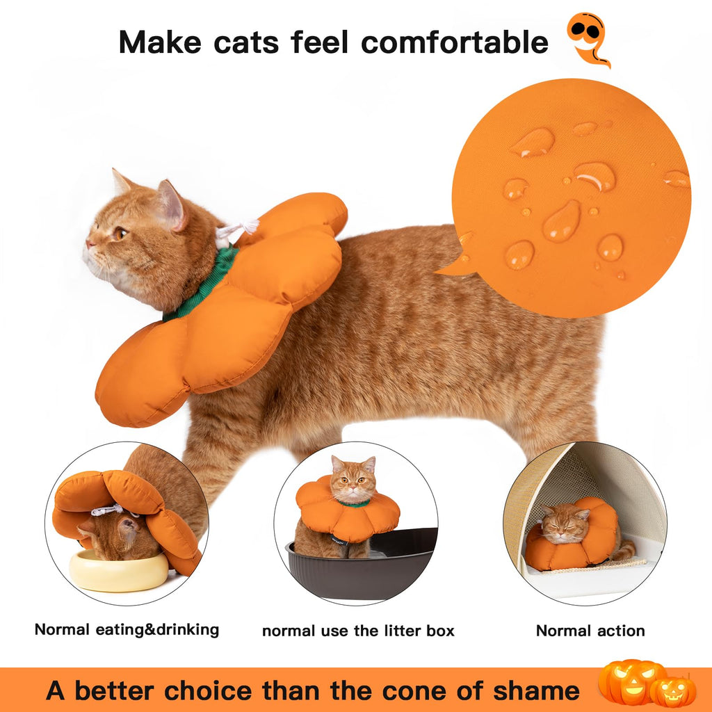Cat Cone Collar,Cute Waterproof Recovery Collar,Anti-Bite Lick Wound Healing Safety Elizabethan e Collar for Cats,Orange Pumpkin Cat Halloween Costume