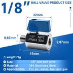 2 Pack 1/8" Mini Ball Valve, 304 Stainless Steel Valve NPT Female x Male Thread Shut-Off Valves for Small Compact Space (2, 1/8 Inch)