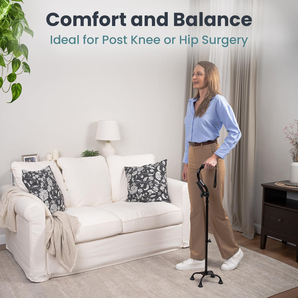 PELEGON® Quad Cane for Women & Men for Stability (300LB) - Adjustable Walking Cane with A Large 4 Pronged Base for Balance & Stability, Walking Canes for Seniors, Walking Cane, Walking Sticks (Black)