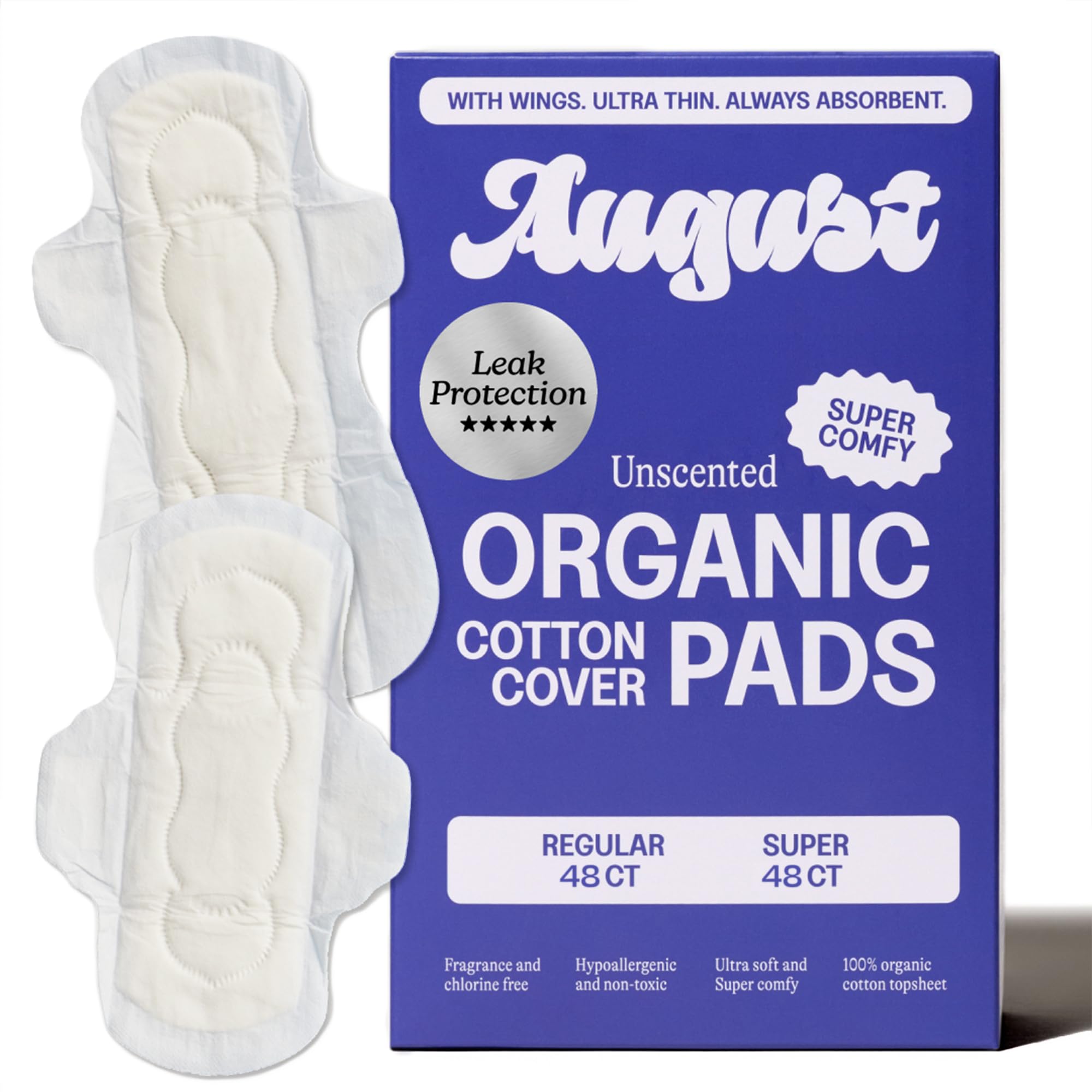 August Menstrual Day & Night Organic Cover Pads, 48-Pack Regular, 48-Pack Super Pads, Compostable Wrappers, Hypoallergenic Organic Cover Sanitary Napkins for Anyone Who Menstruates (6 Boxes of 16)