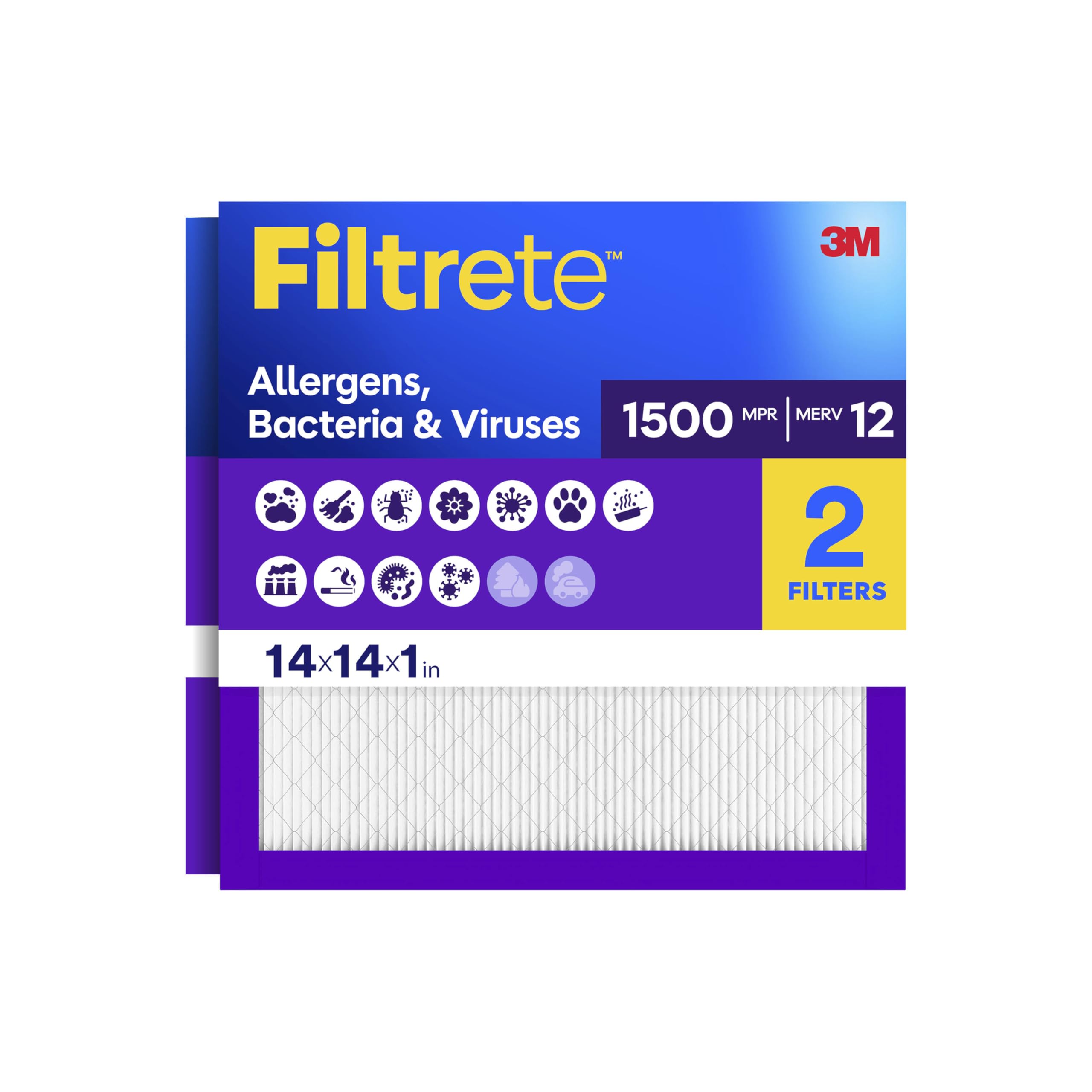 Filtrete 14x14x1 Air Filter, MERV 12, MPR 1500, Allergens, Bacteria & Viruses, 3-Month AC and Furnace Filters, Cleaner Air, Reliable Airflow, 2 HVAC Filters (Actual Size 13.81 x 13.81 x 0.78 in)