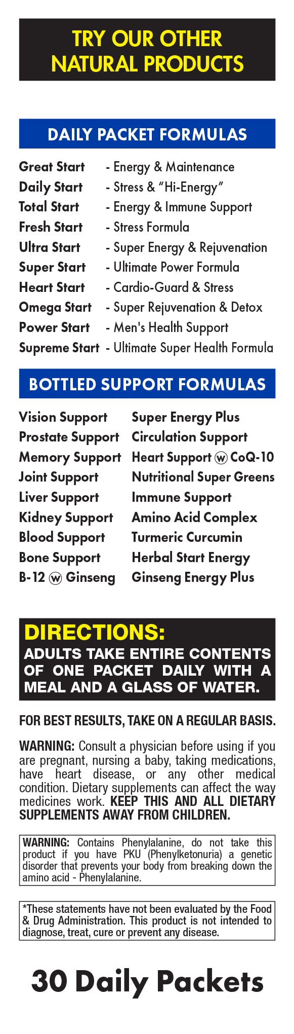 Super Start All-in-One Daily Vitamin Pack - Energy & Endurance - Vitamin B12, Panax Ginseng, Guarana, L-Arginine, L-Citrulline & BCAAs - 30 Day Supply