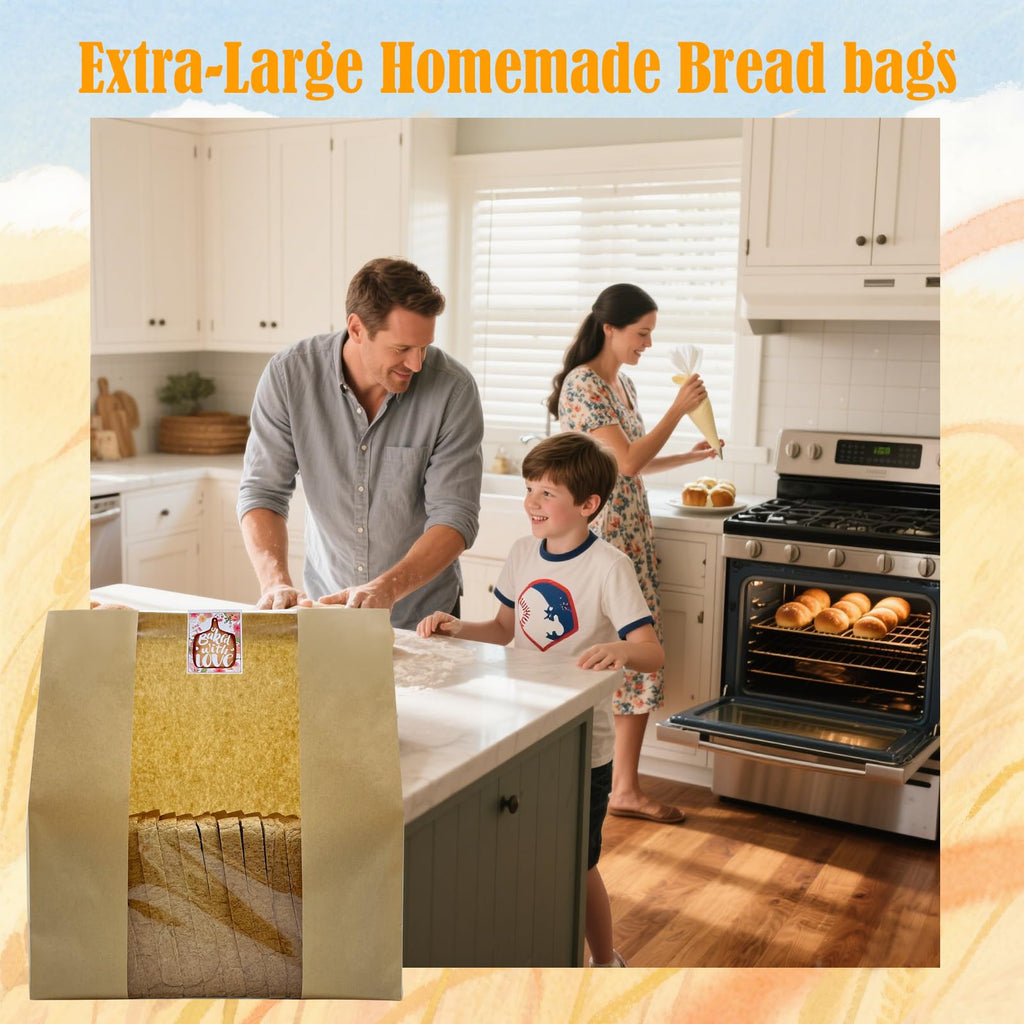 HiCivan 15.7x10.2x5.1in Extra Large Paper Bread Bags for Homemade Bread with Window&Sticker for Supersized Sourdough Bread, Oversized Bread Loaf, Baked Goods, Packaging for Gifting-Brown Kraft 50Pcs