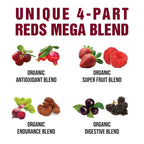 Peak Performance Organic Reds Superfood Powder, Best Tasting Red Juice Super Food w/ 25+ All Natural Ingredients & Polyphenols, Vital for Max Energy and Detox - Raspberry, Elderberry, Beetroot