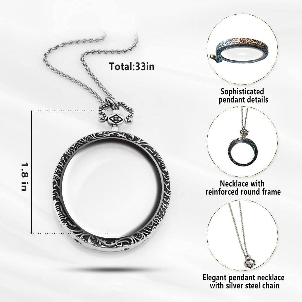 YYHSND 10X Magnifying Glass Necklace Magnifier Necklace Pendant Optical Magnifier with Chain Necklace for Library, Reading, Zooming and Jewelry (Color : Silver)