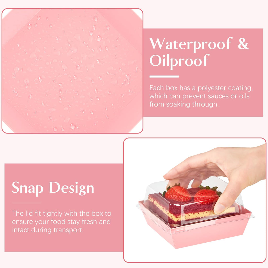 ZORRITA 50 Pack Small Pink Paper Charcuterie Boxes with Clear Lids, 4 Inches Disposable Sandwich Boxes Square To Go Food Containers for Desserts, Strawberries, Cake Slice and Cookies