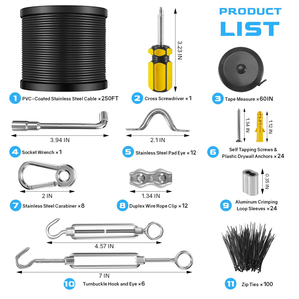 NEREUS String Light Hanging Kit with 200 Ft Vinyl Coated 304 Stainless Steel Cable, String Light Suspension Kit, Guide Wire with Turnbuckles and Hooks for Patio, Backyard Lighting Accessories