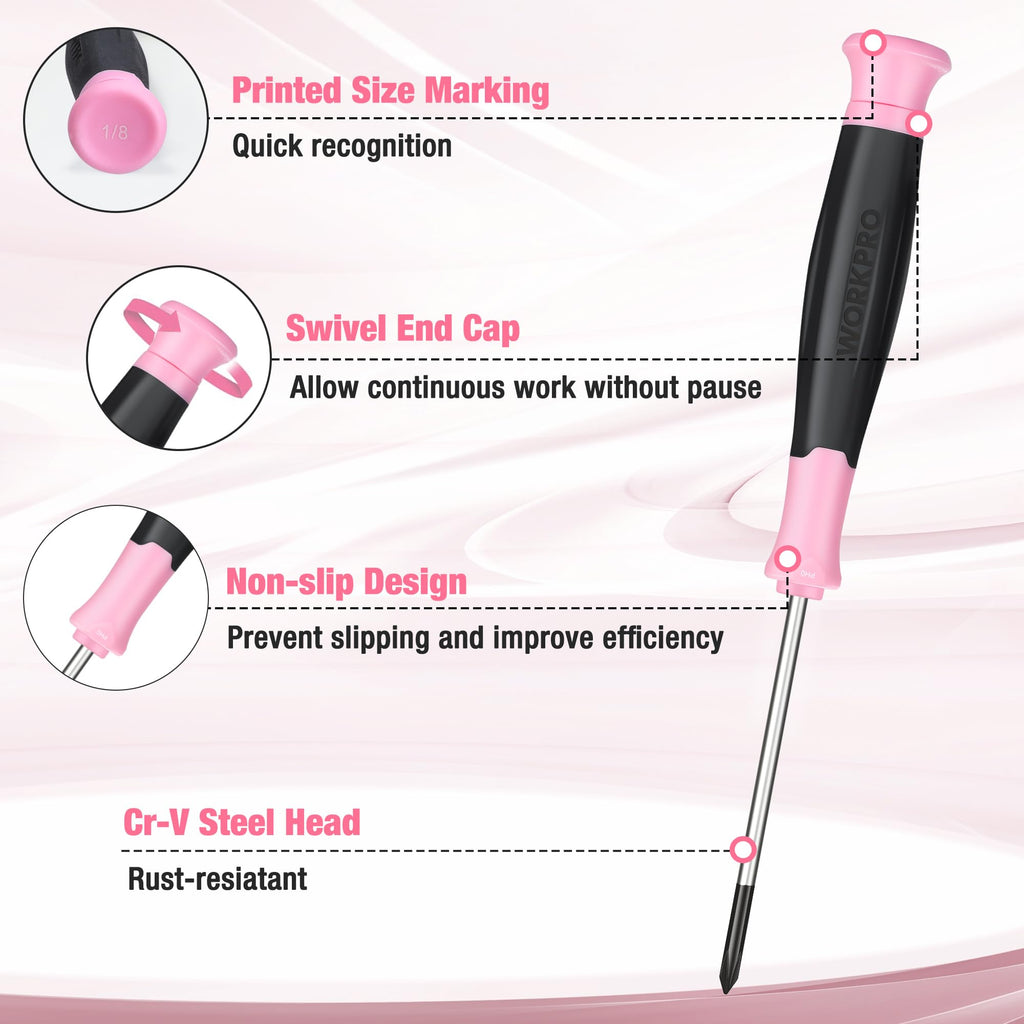 WORKPRO 10-Piece Precision Screwdriver Set with Pink Pouch, Phillips, Slotted, Torx Star, Magnetic Tip Small Screwdriver Repair Kit, for Eyeglass, Watch, Computer, Laptop and Phone - Pink Ribbon